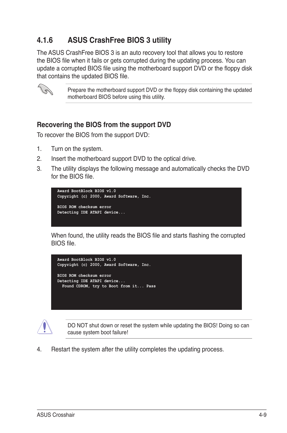 6 asus crashfree bios 3 utility, Recovering the bios from the support dvd | Asus CROSSHAIR E2711 User Manual | Page 77 / 174
