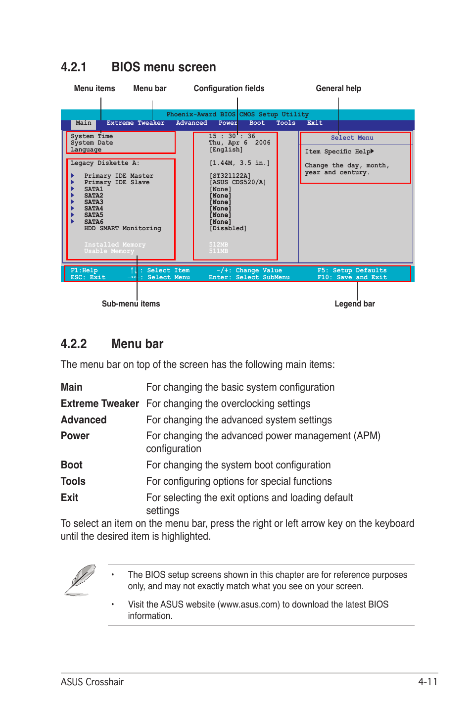 1 bios menu screen, 2 menu bar | Asus CROSSHAIR E2711 User Manual | Page 79 / 174