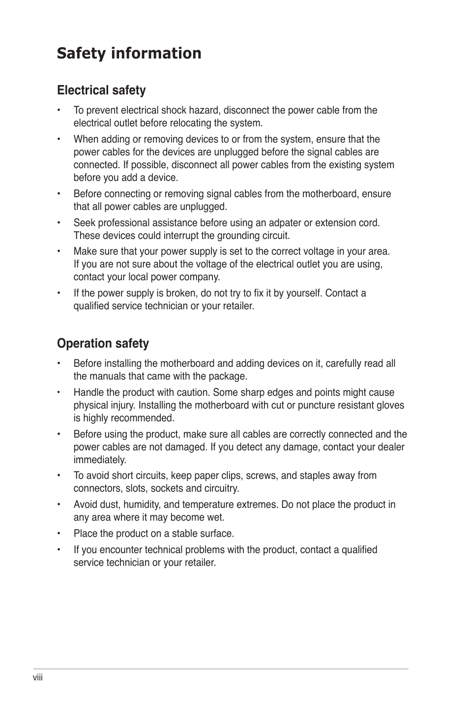 Safety information, Electrical safety, Operation safety | Asus CROSSHAIR E2711 User Manual | Page 8 / 174