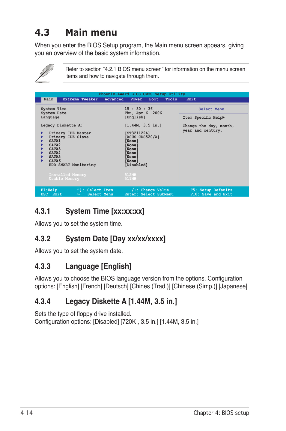 3 main menu, 1 system time [xx:xx:xx, 3 language [english | Allows you to set the system time, Allows you to set the system date | Asus CROSSHAIR E2711 User Manual | Page 82 / 174