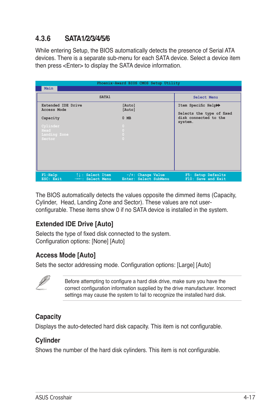 Extended ide drive [auto, Access mode [auto, Capacity | Cylinder | Asus CROSSHAIR E2711 User Manual | Page 85 / 174