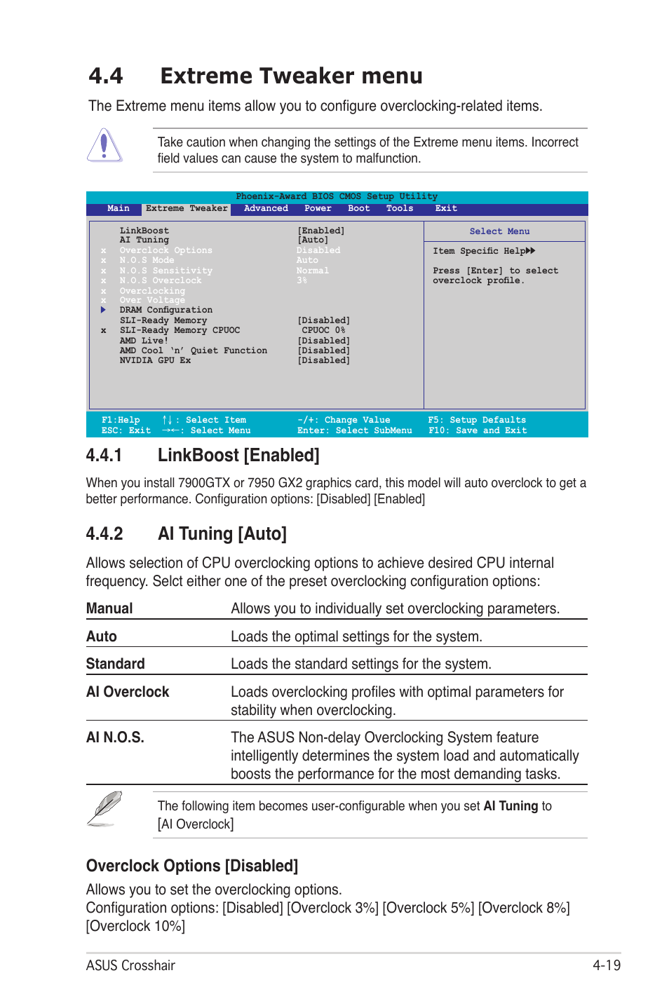 4 extreme tweaker menu, 1 linkboost [enabled, 2 ai tuning [auto | Overclock options [disabled | Asus CROSSHAIR E2711 User Manual | Page 87 / 174