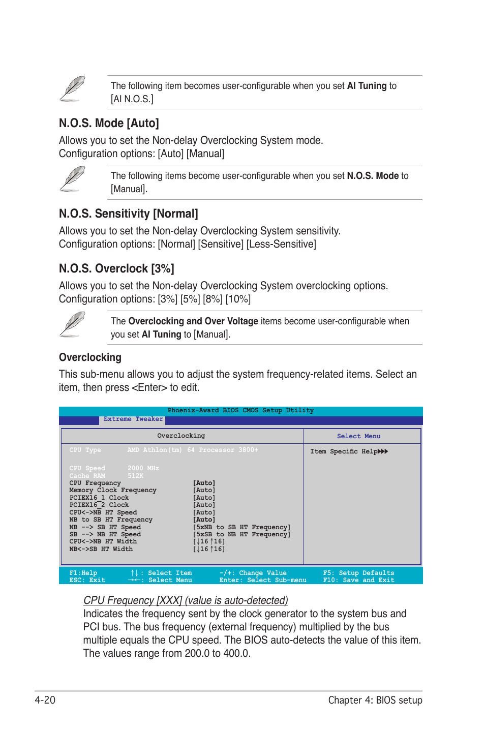 N.o.s. mode [auto, N.o.s. sensitivity [normal, N.o.s. overclock [3 | Asus CROSSHAIR E2711 User Manual | Page 88 / 174