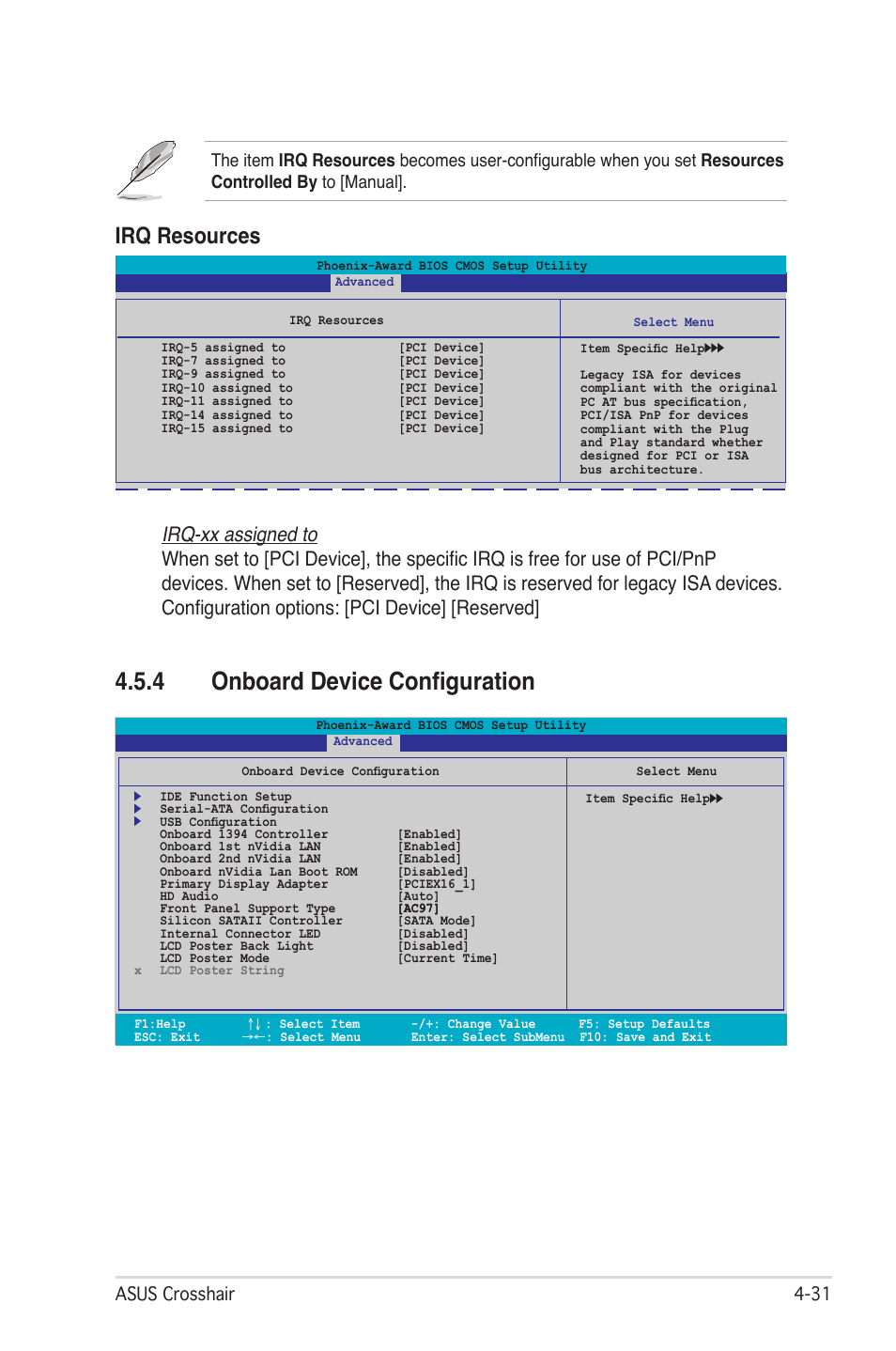 4 onboard device configuration, Irq resources, Asus crosshair | Asus CROSSHAIR E2711 User Manual | Page 99 / 174