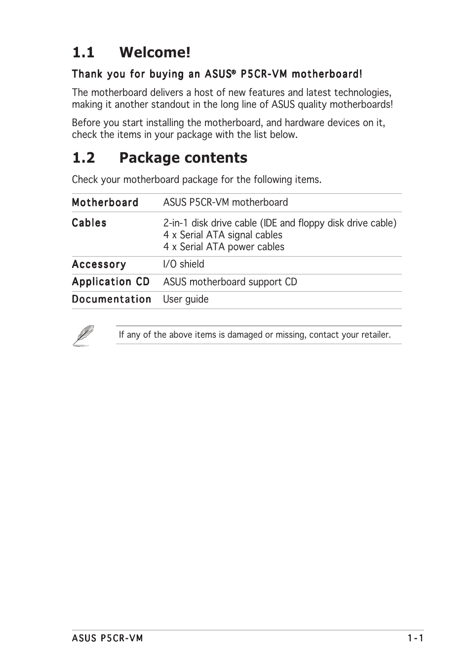 1 welcome, 2 package contents | Asus Motherboard P5CR-VM User Manual | Page 15 / 102