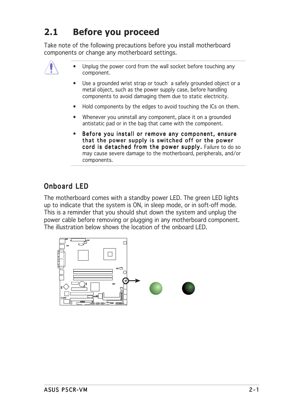 1 before you proceed, Onboard led | Asus Motherboard P5CR-VM User Manual | Page 21 / 102