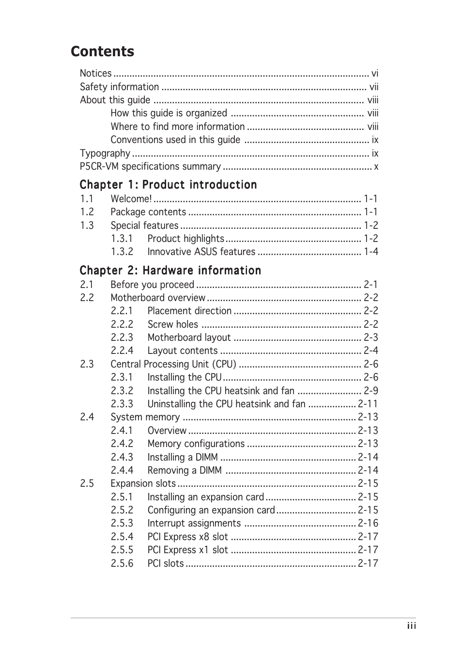 Asus Motherboard P5CR-VM User Manual | Page 3 / 102