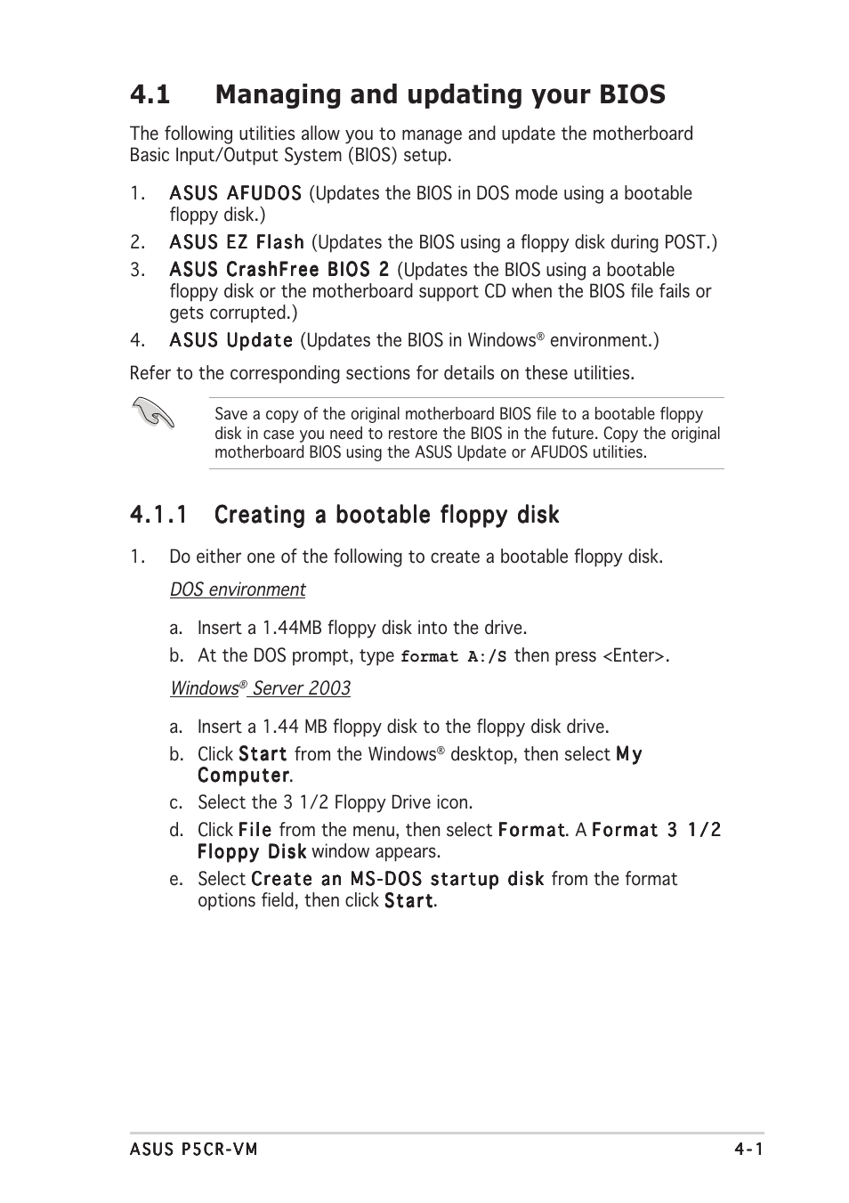 1 managing and updating your bios | Asus Motherboard P5CR-VM User Manual | Page 61 / 102