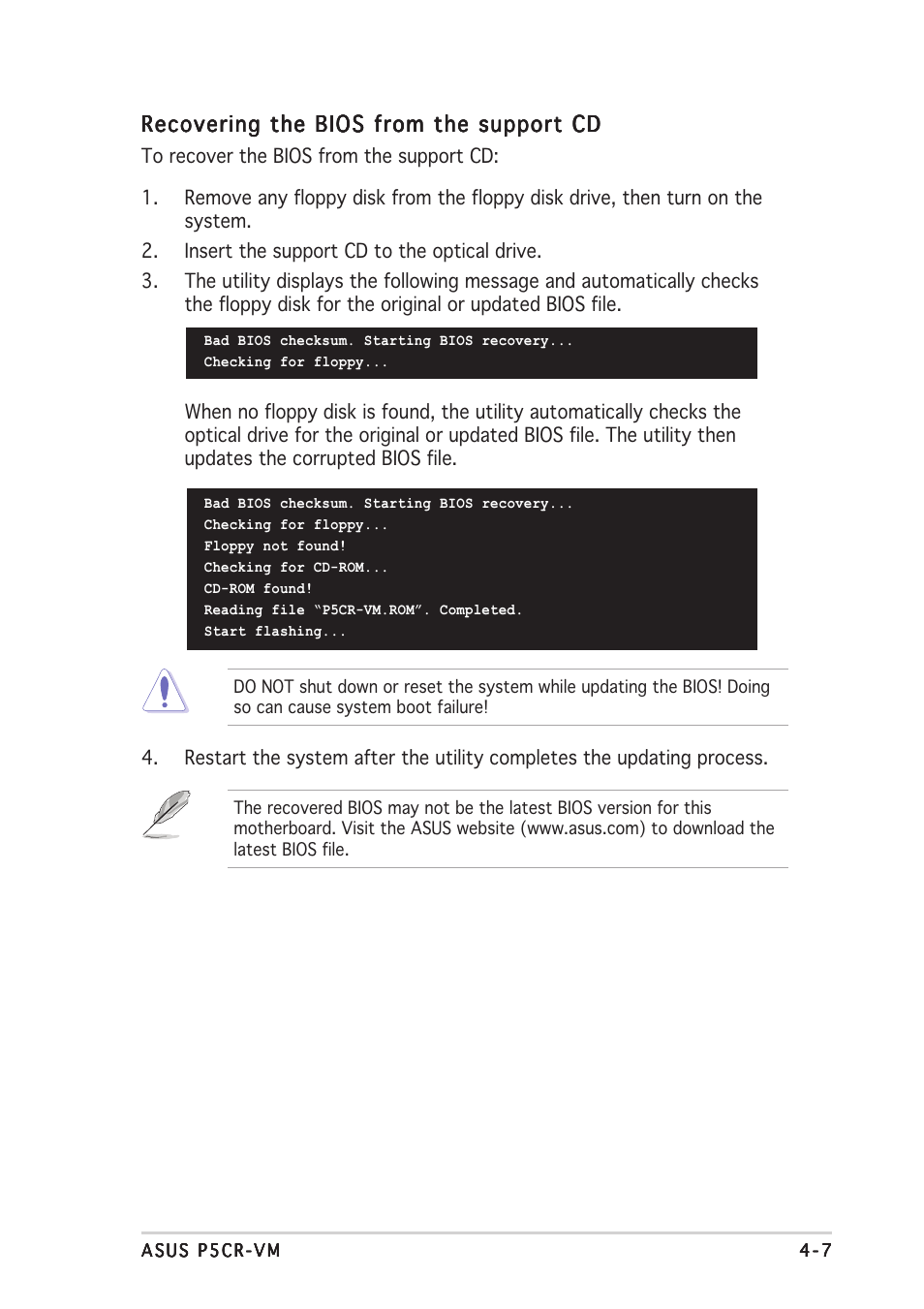 Recovering the bios from the support cd | Asus Motherboard P5CR-VM User Manual | Page 67 / 102