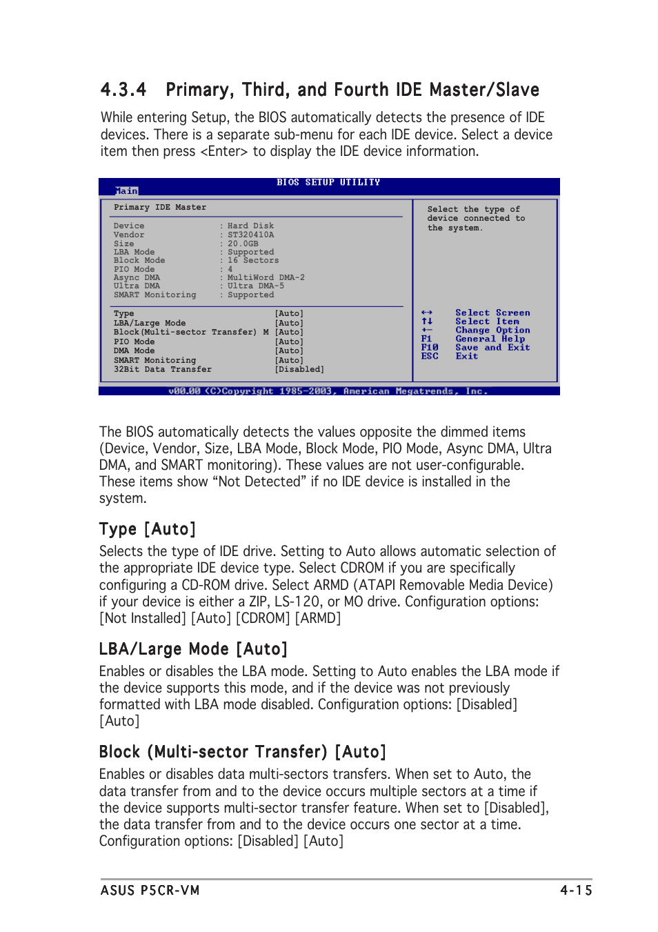 Type [auto, Lba/large mode [auto, Block (multi-sector transfer) [auto | Asus Motherboard P5CR-VM User Manual | Page 75 / 102