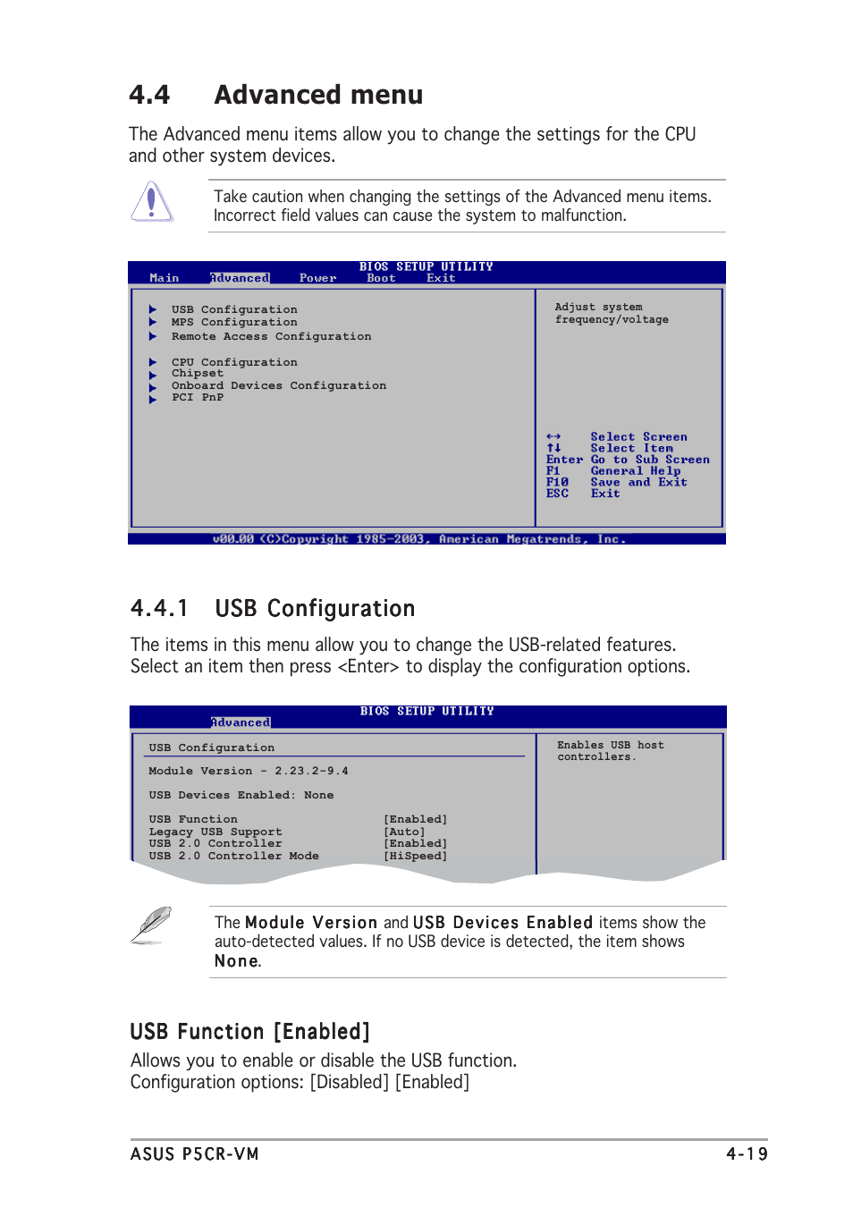 4 advanced menu, Usb function [enabled | Asus Motherboard P5CR-VM User Manual | Page 79 / 102