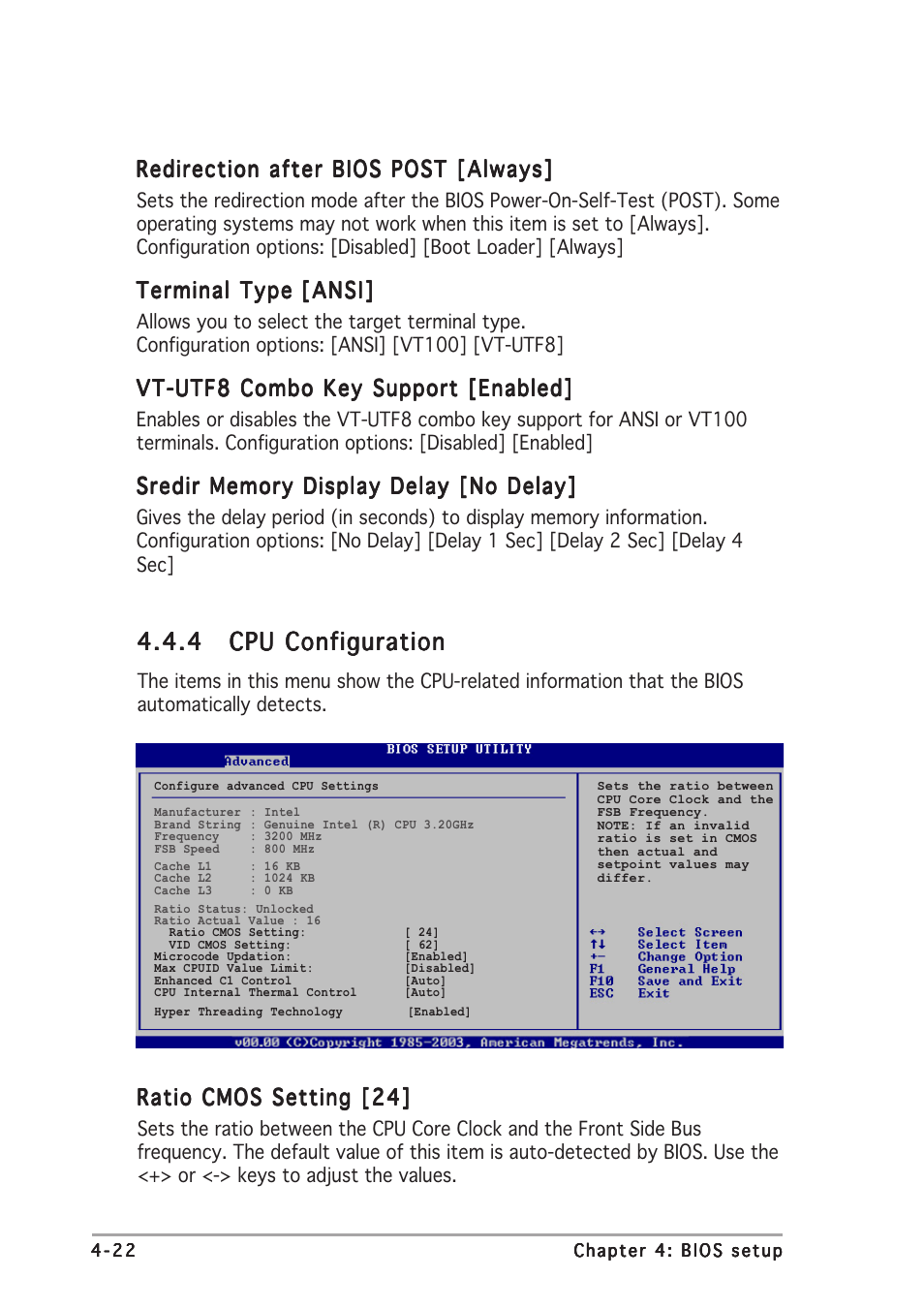 Redirection after bios post [always, Terminal type, Vt-utf8 combo key support [enabled | Ratio cmos setting [24 | Asus Motherboard P5CR-VM User Manual | Page 82 / 102