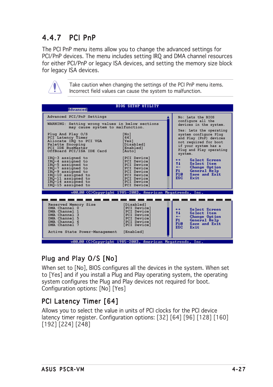 7 pci pnp pci pnp pci pnp pci pnp pci pnp, Plug and play o/s [no, Pci latency timer [64 | Asus Motherboard P5CR-VM User Manual | Page 87 / 102