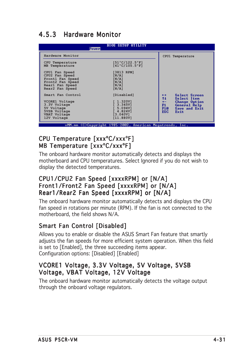 Cpu temperature [xxxºc/xxxºf, Smart fan control [disabled | Asus Motherboard P5CR-VM User Manual | Page 91 / 102