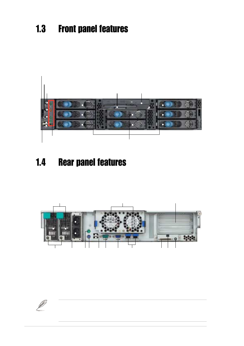 4 rear panel features, 3 front panel features | Asus AP2400R-E1 User Manual | Page 12 / 116