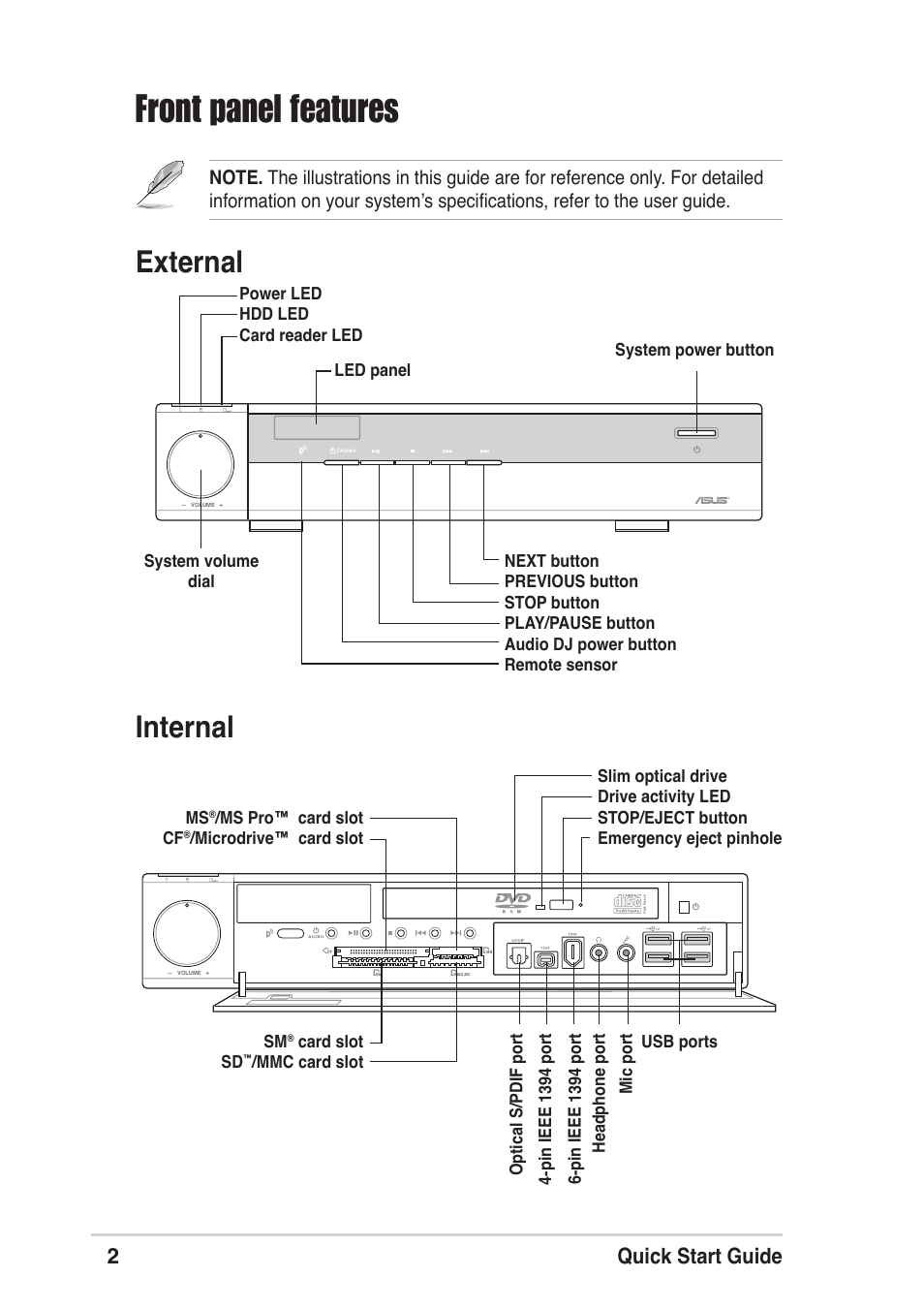 Front panel features, Internal, External | 2quick start guide | Asus DIGIMATRIX E1670 User Manual | Page 2 / 8