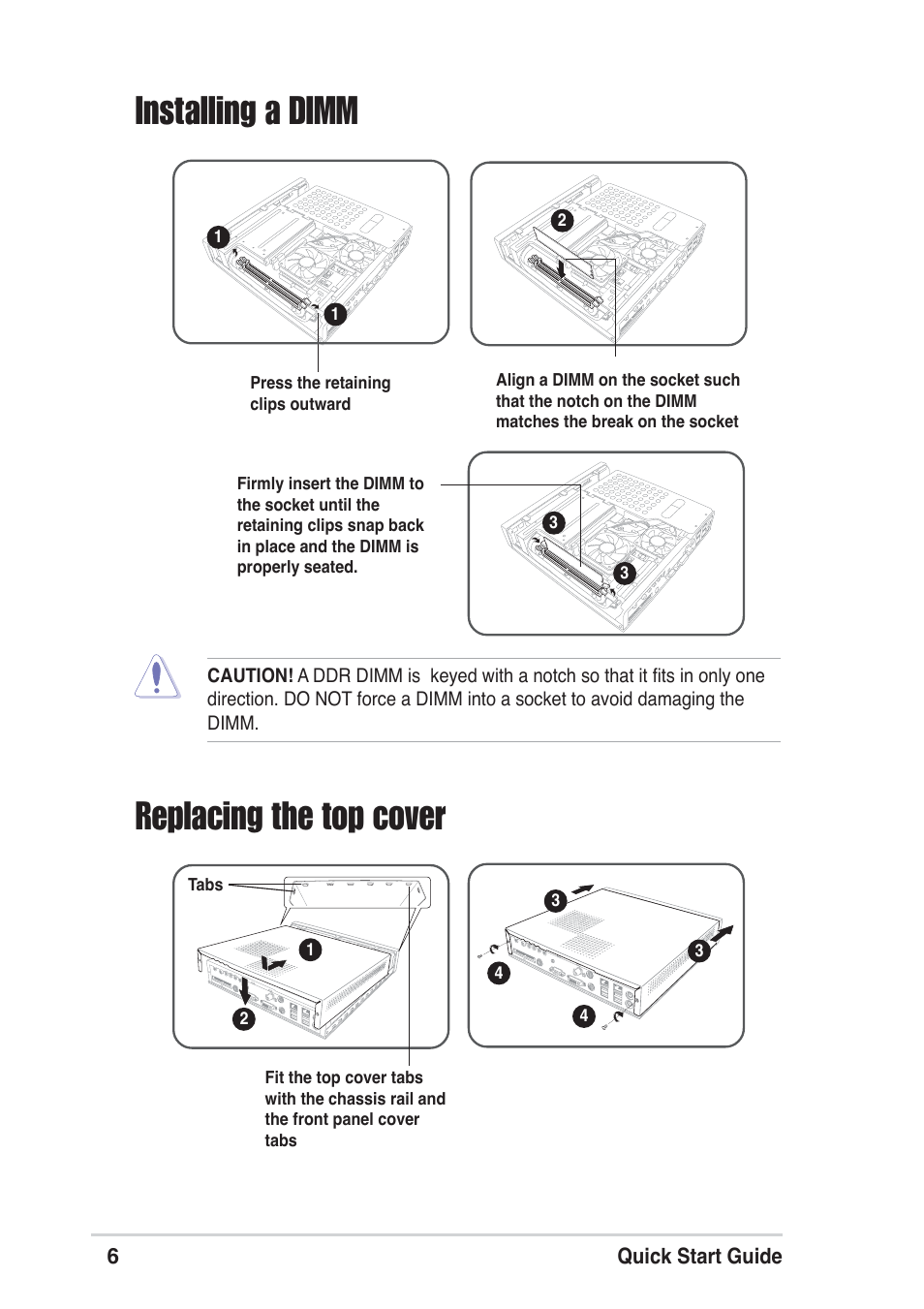 Installing a dimm, Replacing the top cover | Asus DIGIMATRIX E1670 User Manual | Page 6 / 8