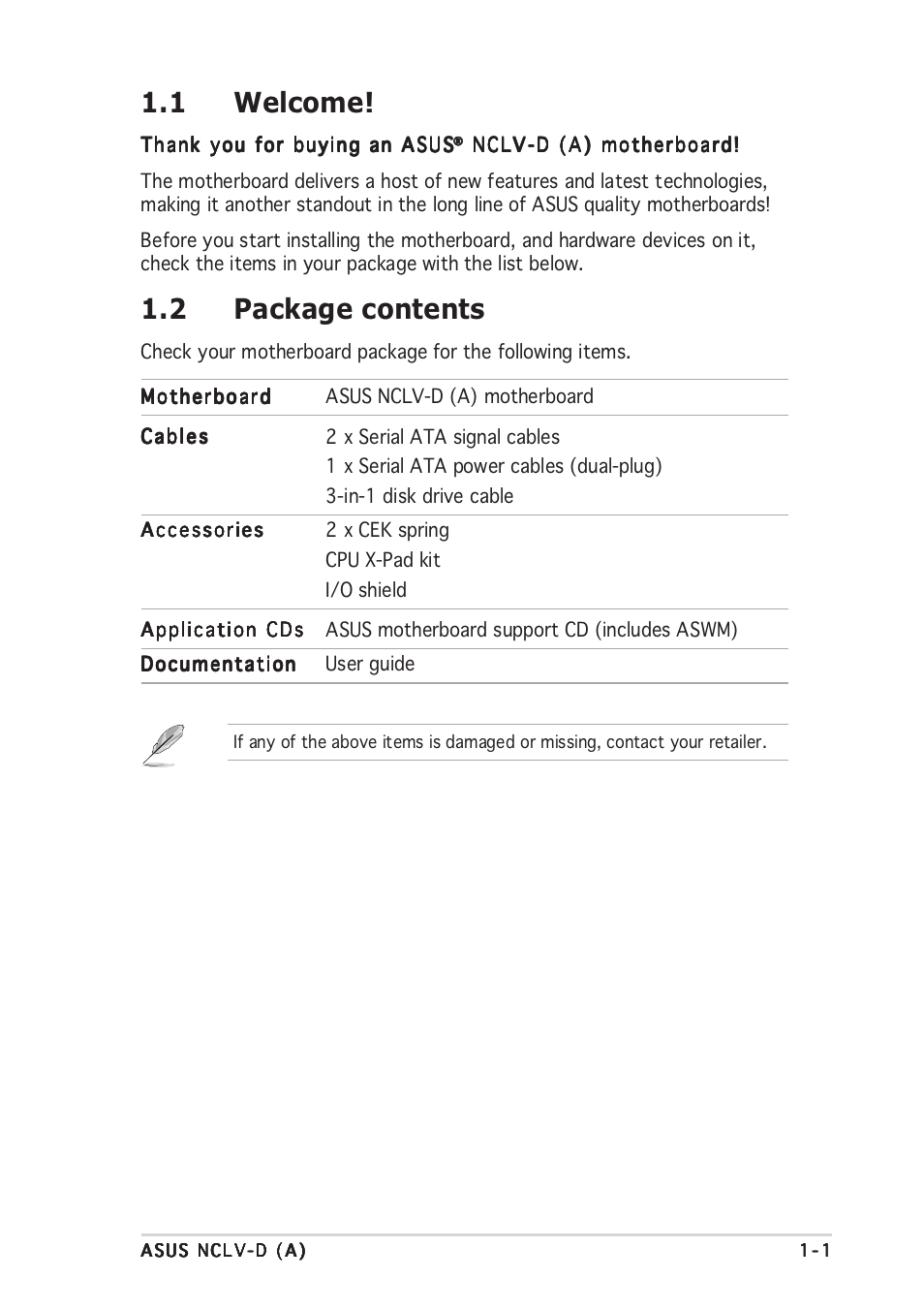 1 welcome, 2 package contents | Asus Motherboard NCLV-D (A) User Manual | Page 15 / 104