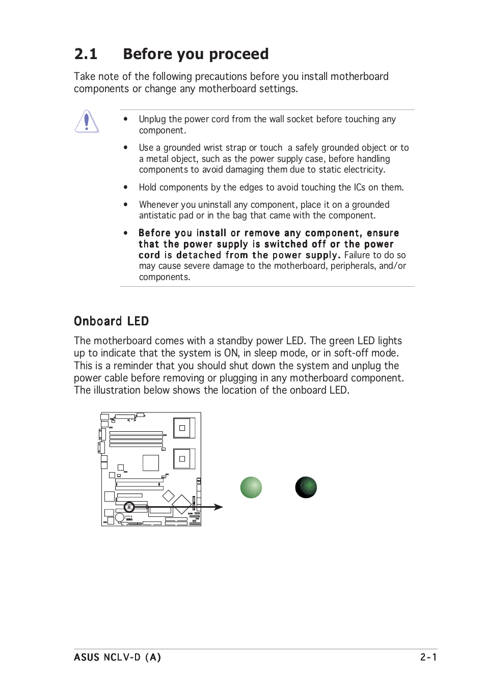 1 before you proceed, Onboard led | Asus Motherboard NCLV-D (A) User Manual | Page 21 / 104