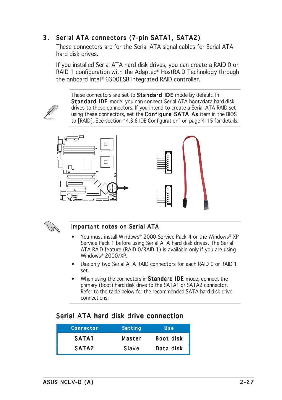 Serial ata hard disk drive connection, Hostraid technology through the onboard intel, 6300esb integrated raid controller | Asus Motherboard NCLV-D (A) User Manual | Page 47 / 104