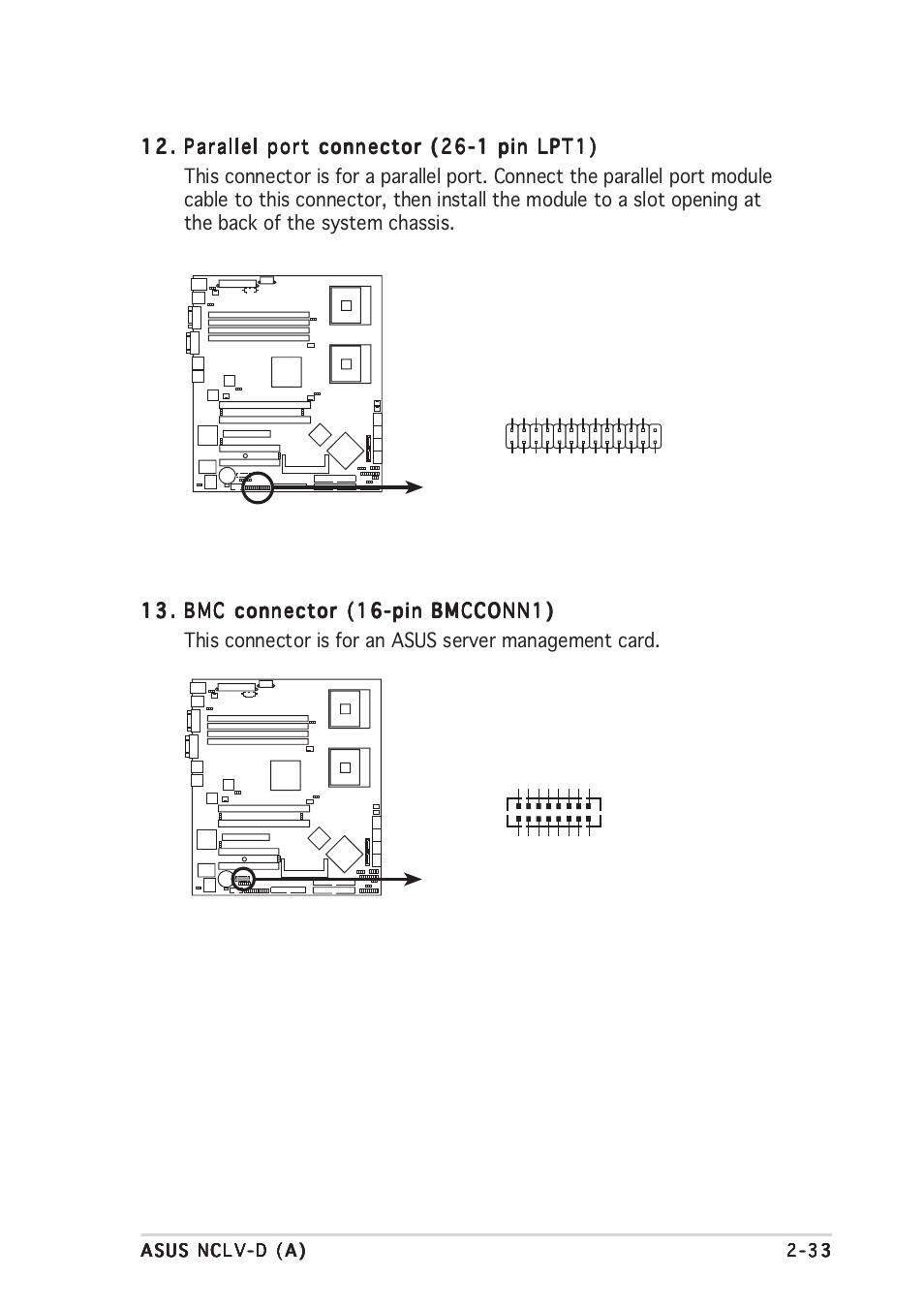 Nclv-d bmc connector bmcconn1, Nclv-d parallel port connector lpt1 | Asus Motherboard NCLV-D (A) User Manual | Page 53 / 104