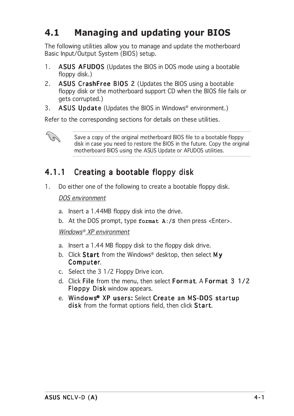 1 managing and updating your bios | Asus Motherboard NCLV-D (A) User Manual | Page 63 / 104