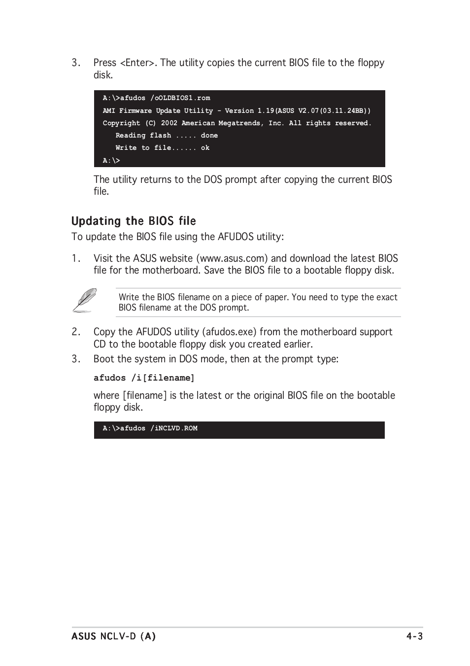 Updating the bios file | Asus Motherboard NCLV-D (A) User Manual | Page 65 / 104