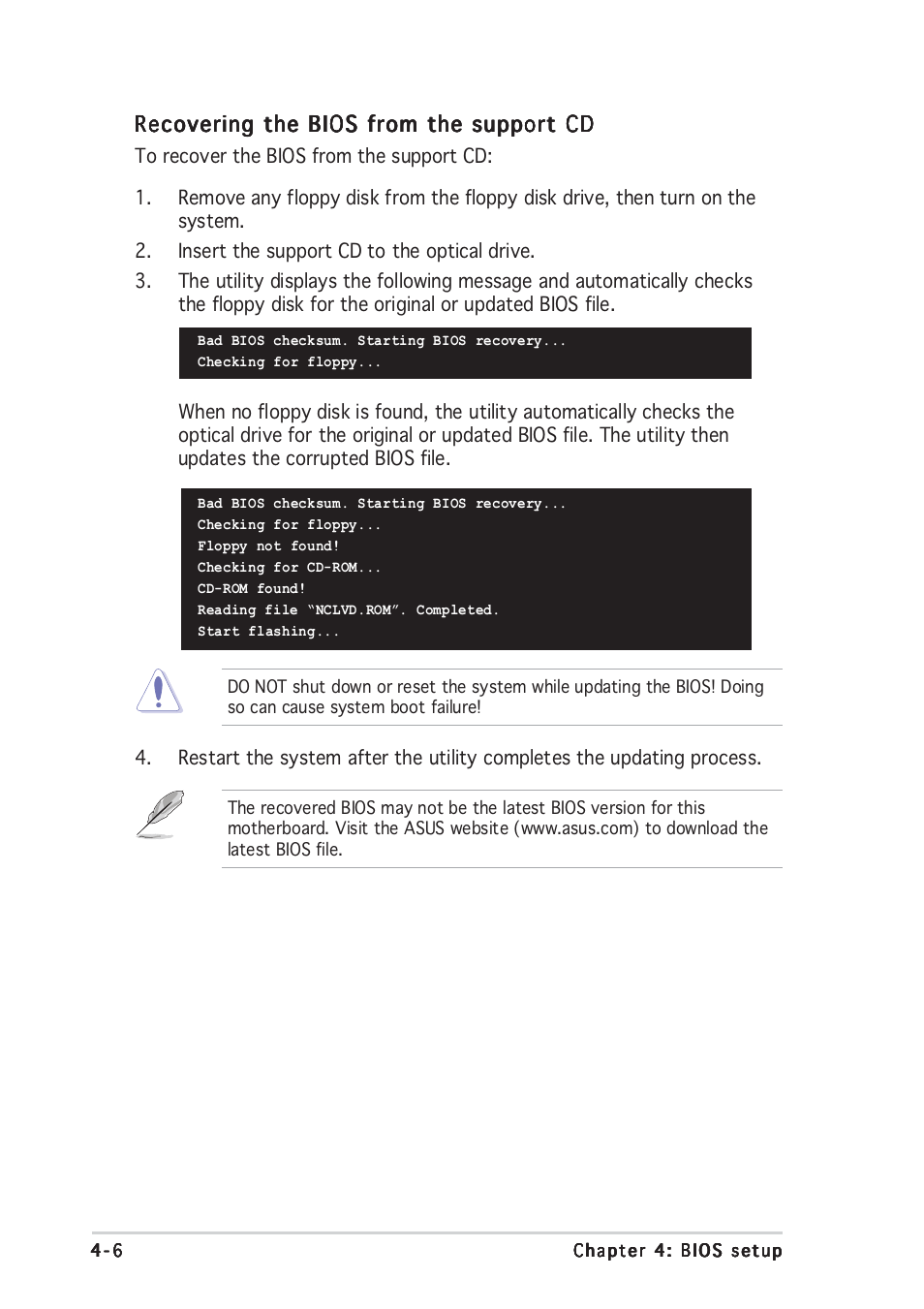 Recovering the bios from the support cd | Asus Motherboard NCLV-D (A) User Manual | Page 68 / 104