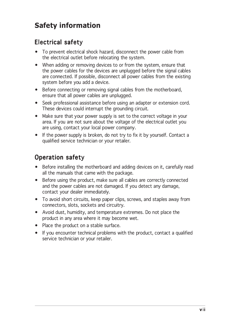 Safety information | Asus Motherboard NCLV-D (A) User Manual | Page 7 / 104