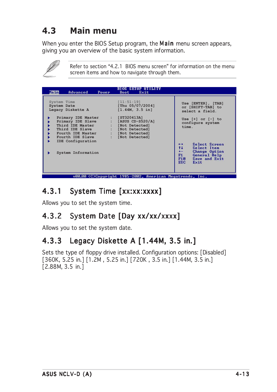 3 main menu | Asus Motherboard NCLV-D (A) User Manual | Page 75 / 104