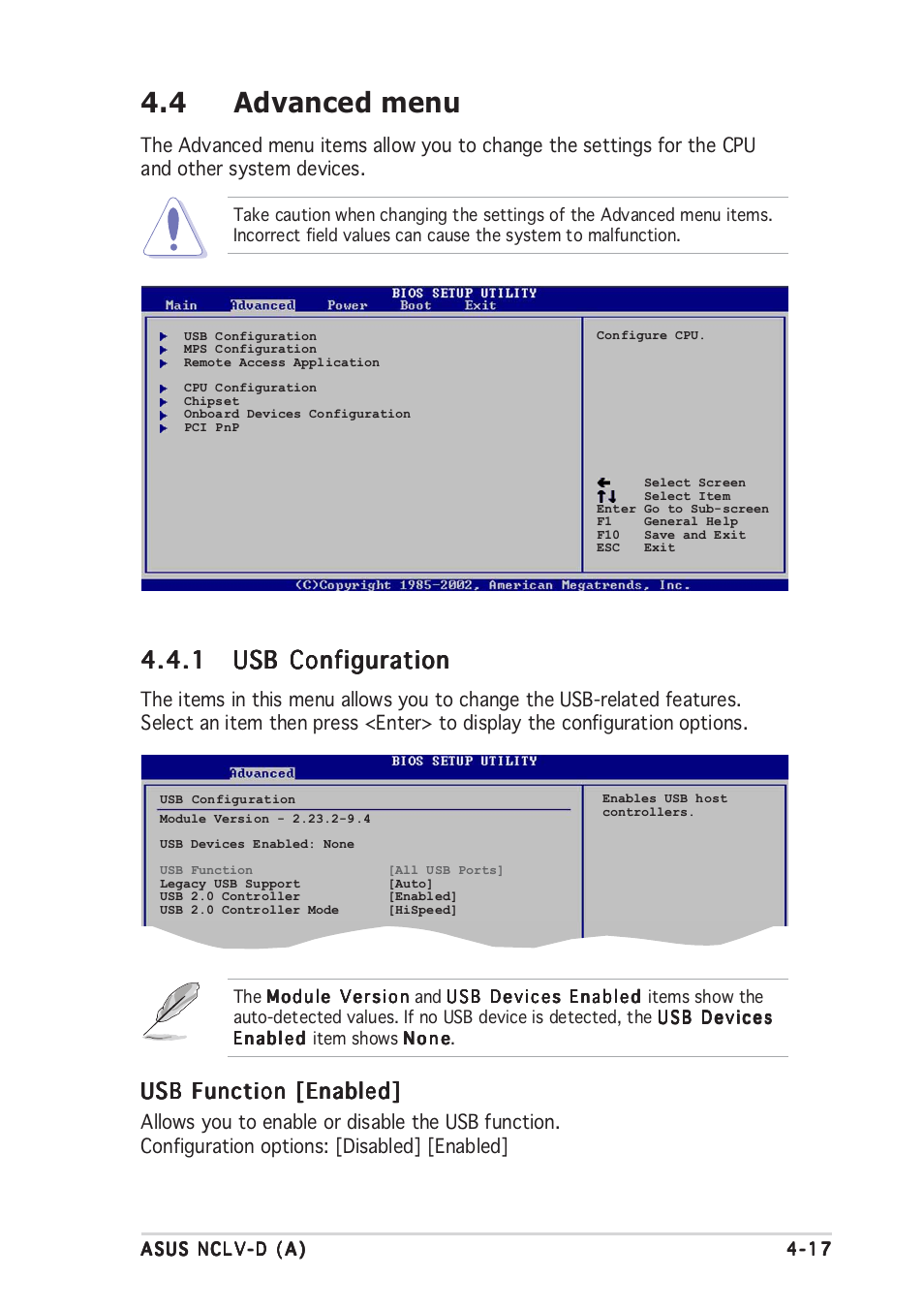 4 advanced menu, Usb function [enabled | Asus Motherboard NCLV-D (A) User Manual | Page 79 / 104