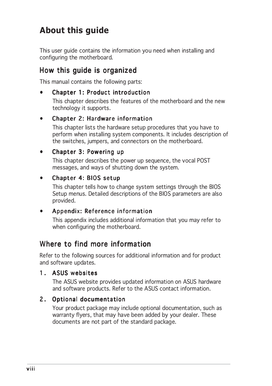 About this guide, How this guide is organized, Where to find more information | Asus Motherboard NCLV-D (A) User Manual | Page 8 / 104