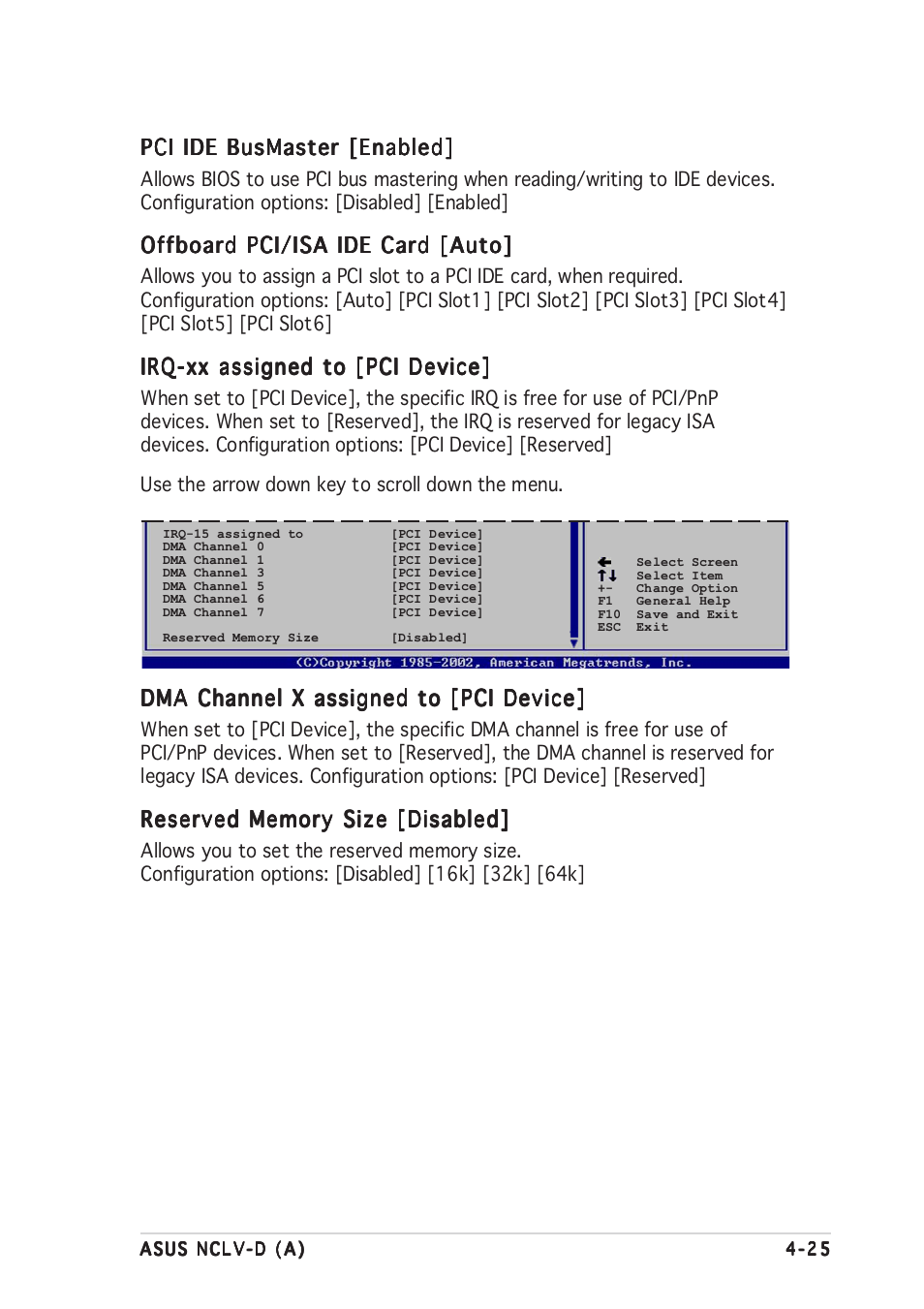 Pci ide busmaster [enabled, Offboard pci/isa ide card [auto, Irq-xx assigned to [pci device | Dma channel x assigned to [pci device | Asus Motherboard NCLV-D (A) User Manual | Page 87 / 104