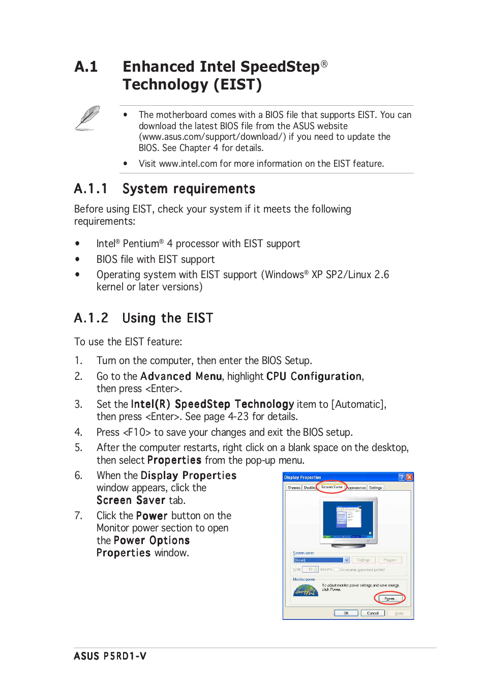 A.1 enhanced intel speedstep, Technology (eist), A.1.1 | A.1.2 | Asus Motherboard P5RD1-V User Manual | Page 125 / 128