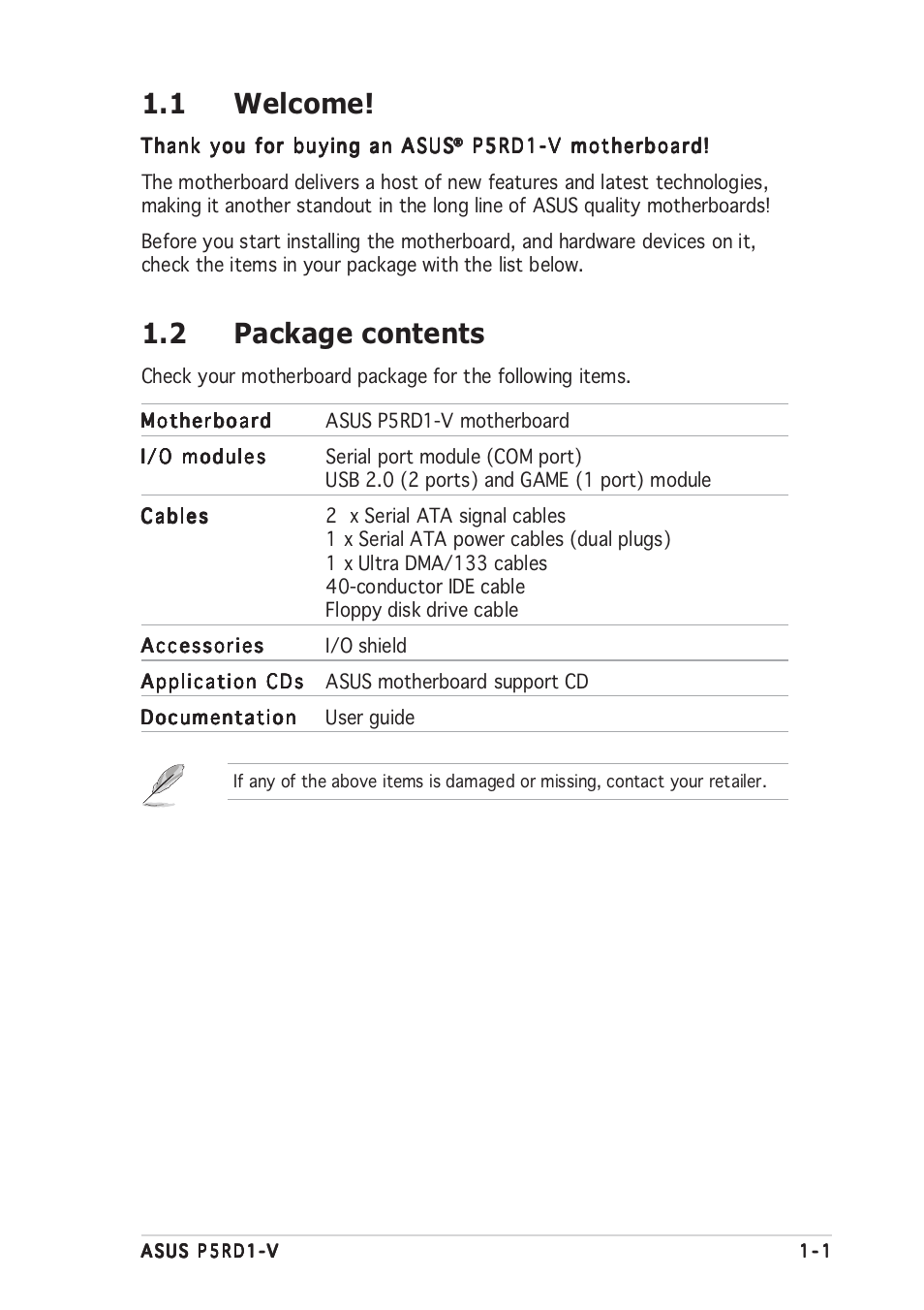 1 welcome, 2 package contents | Asus Motherboard P5RD1-V User Manual | Page 15 / 128