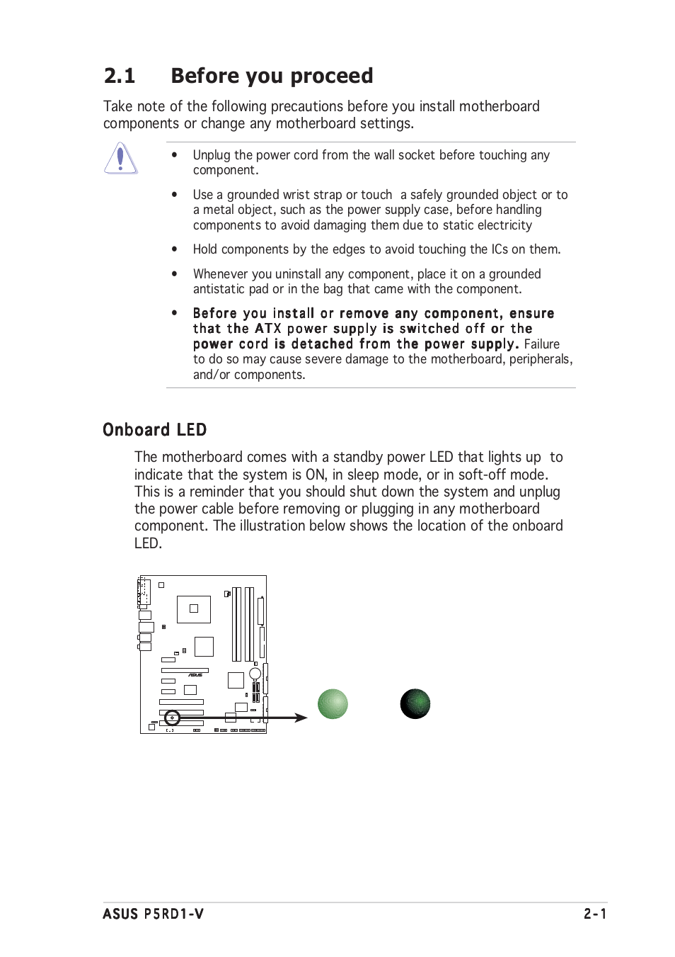 1 before you proceed, Onboard led | Asus Motherboard P5RD1-V User Manual | Page 21 / 128