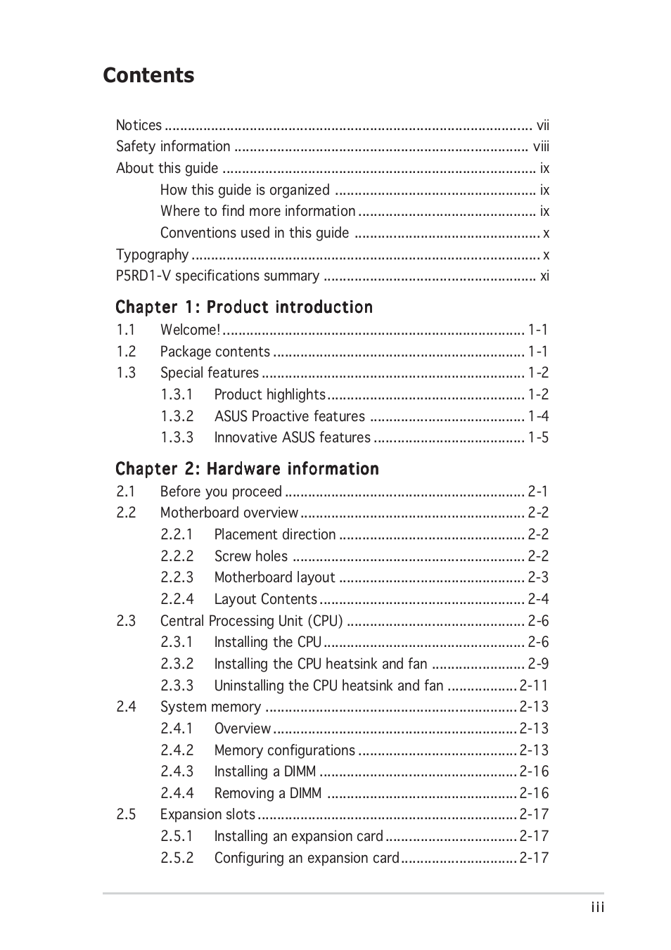 Asus Motherboard P5RD1-V User Manual | Page 3 / 128