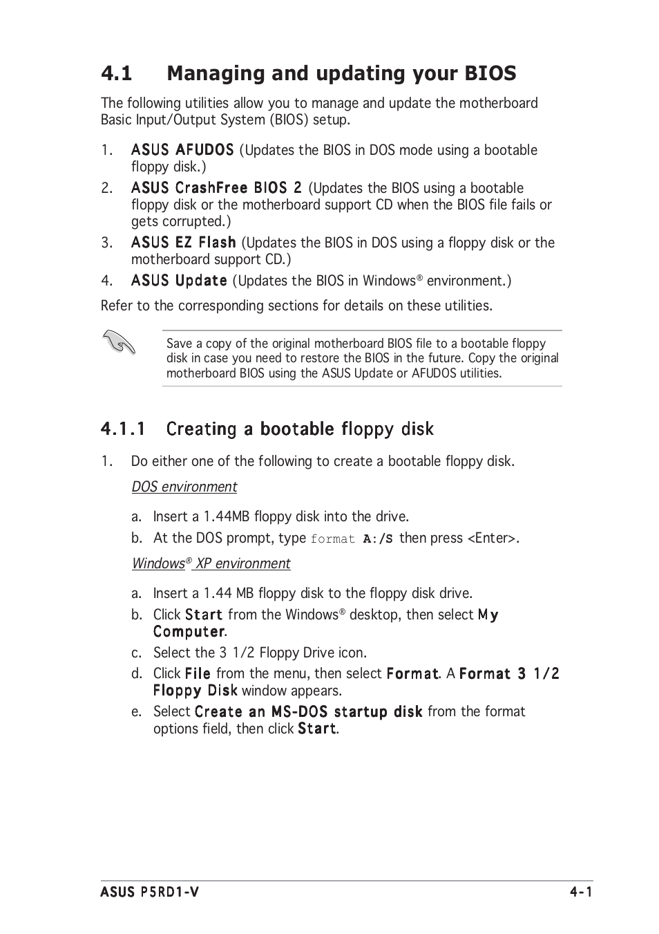 1 managing and updating your bios | Asus Motherboard P5RD1-V User Manual | Page 61 / 128