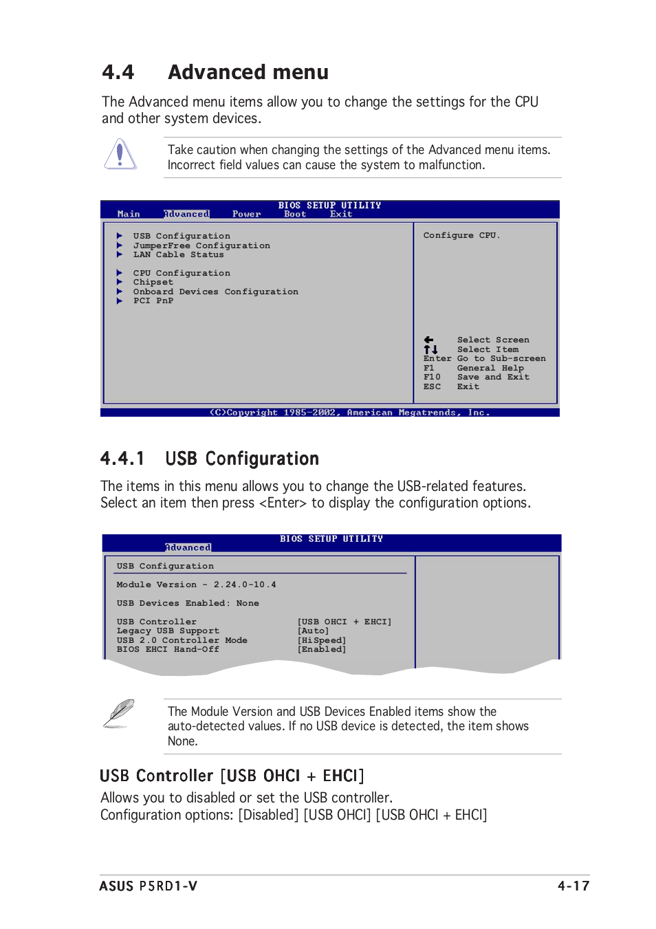 4 advanced menu, Usb controller [usb ohci + ehci | Asus Motherboard P5RD1-V User Manual | Page 77 / 128