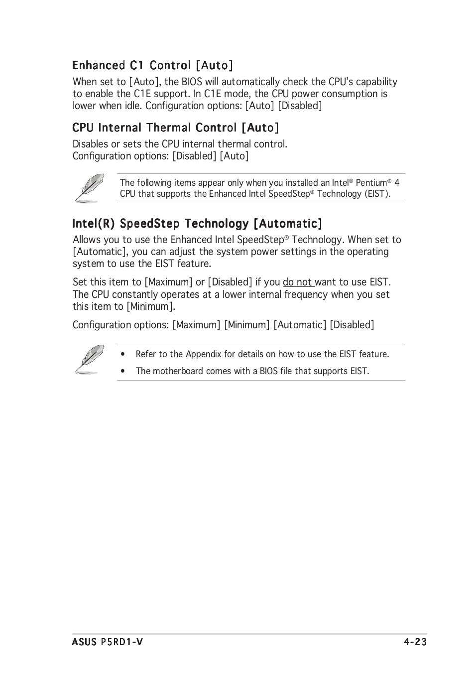 Enhanced c1 control [auto, Cpu internal thermal control [auto, Intel(r) speedstep technology [automatic | Asus Motherboard P5RD1-V User Manual | Page 83 / 128