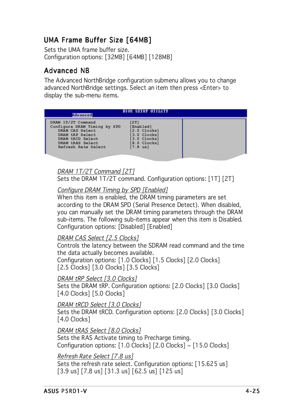 Uma frame buffer size [64mb, Advanced nb | Asus Motherboard P5RD1-V User Manual | Page 85 / 128