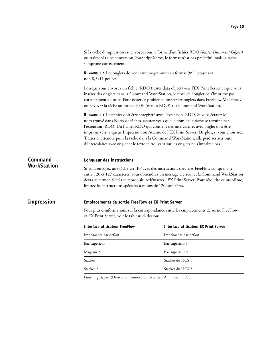 Command workstation, Longueur des instructions, Impression | Emplacements de sortie freeflow et ex print server | Xerox iGen4 Digital Press con Xerox EX Print Server Powered by Fiery-16492 User Manual | Page 10 / 44