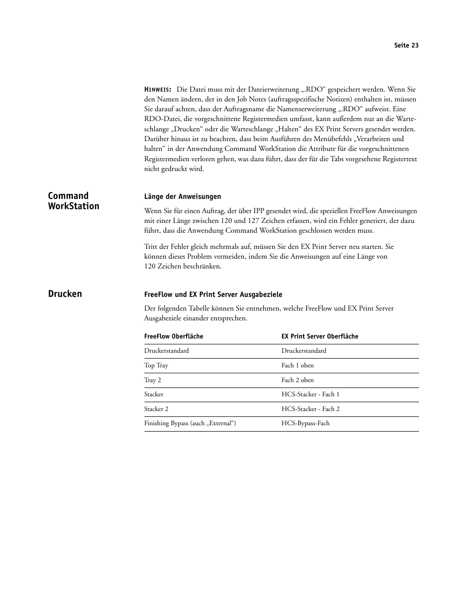 Command workstation, Länge der anweisungen, Drucken | Freeflow und ex print server ausgabeziele | Xerox iGen4 Digital Press con Xerox EX Print Server Powered by Fiery-16492 User Manual | Page 23 / 44