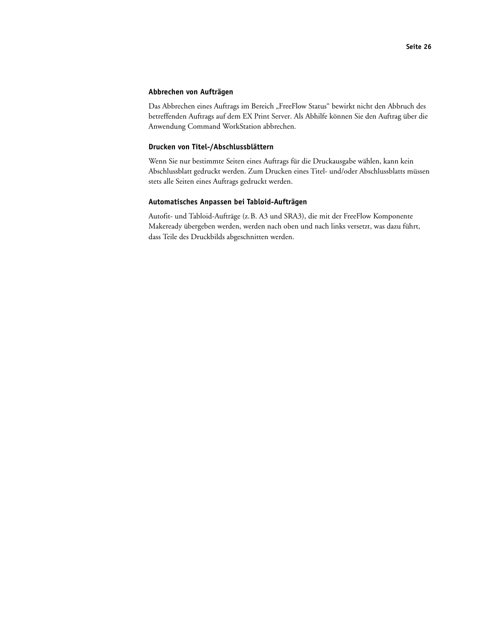 Abbrechen von aufträgen, Drucken von titel-/abschlussblättern, Automatisches anpassen bei tabloid-aufträgen | Xerox iGen4 Digital Press con Xerox EX Print Server Powered by Fiery-16492 User Manual | Page 26 / 44