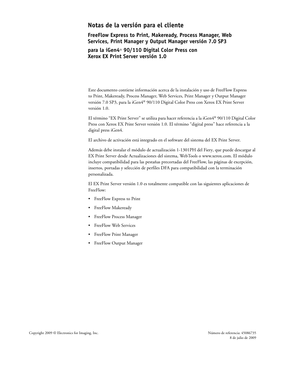 Espanol, Notas de la versión para el cliente | Xerox iGen4 Digital Press con Xerox EX Print Server Powered by Fiery-16492 User Manual | Page 27 / 44