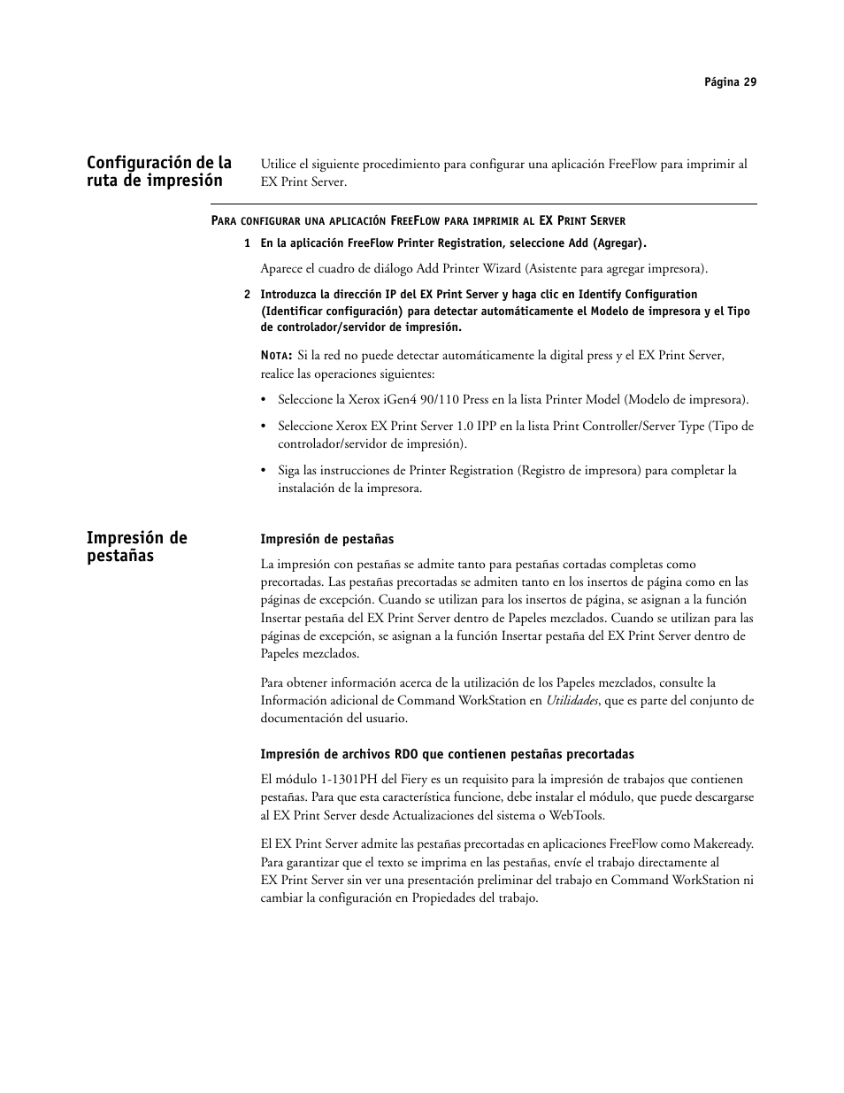 Configuración de la ruta de impresión, Impresión de pestañas | Xerox iGen4 Digital Press con Xerox EX Print Server Powered by Fiery-16492 User Manual | Page 29 / 44