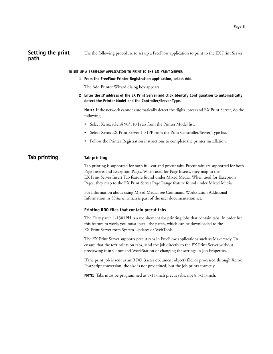 Setting the print path, Tab printing, Printing rdo files that contain precut tabs | Xerox iGen4 Digital Press con Xerox EX Print Server Powered by Fiery-16492 User Manual | Page 3 / 44