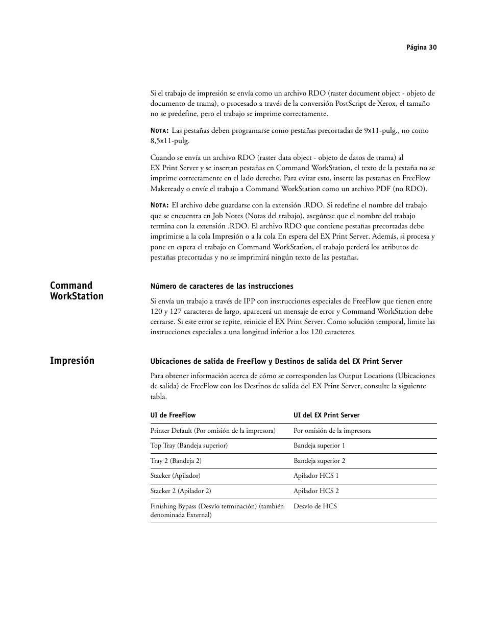 Command workstation, Número de caracteres de las instrucciones, Impresión | Xerox iGen4 Digital Press con Xerox EX Print Server Powered by Fiery-16492 User Manual | Page 30 / 44