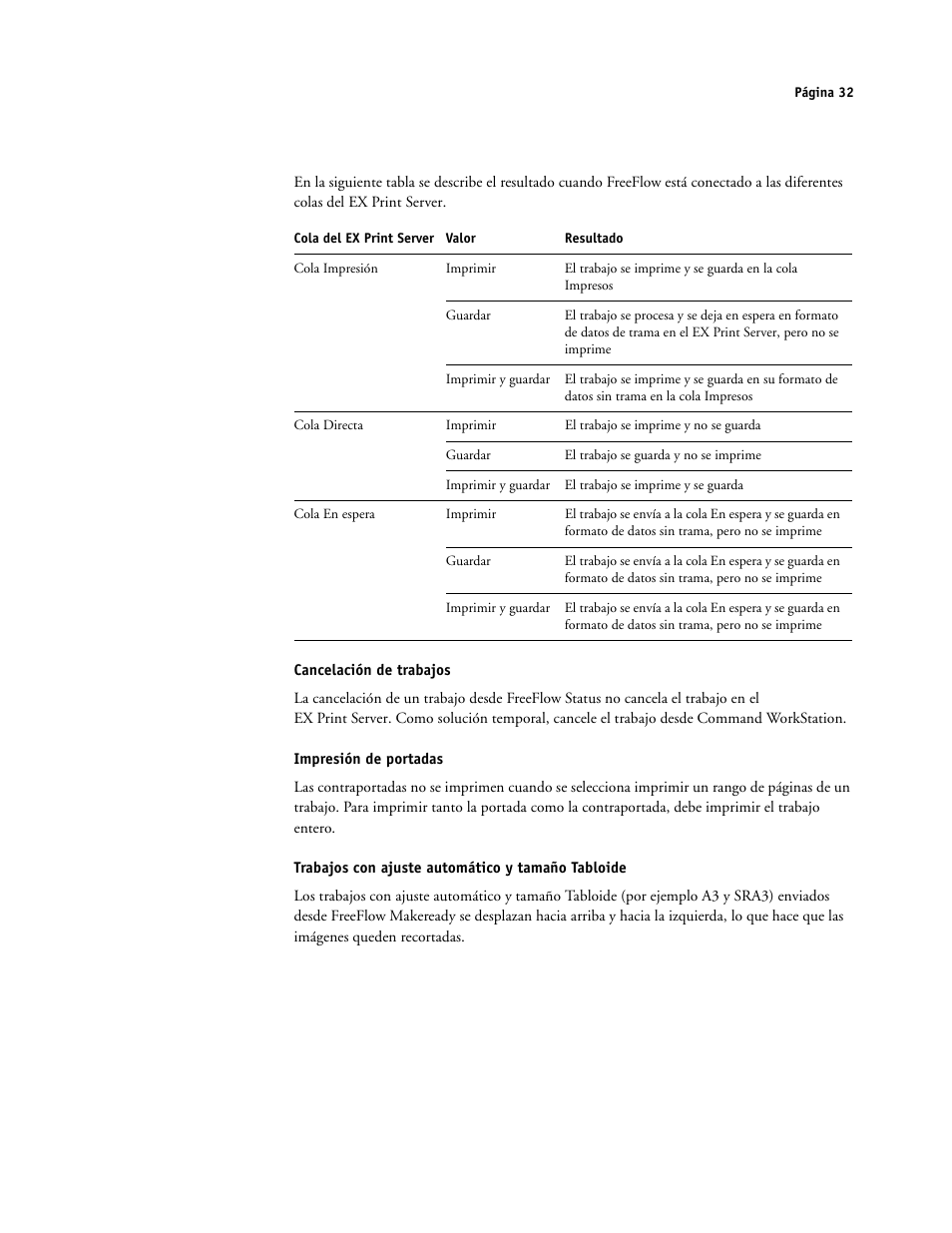 Cancelación de trabajos, Impresión de portadas, Trabajos con ajuste automático y tamaño tabloide | Xerox iGen4 Digital Press con Xerox EX Print Server Powered by Fiery-16492 User Manual | Page 32 / 44