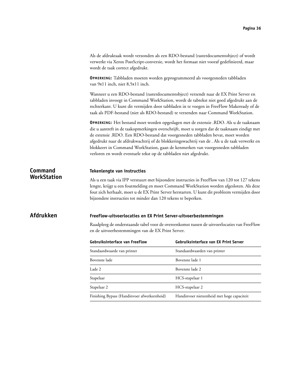 Command workstation, Tekenlengte van instructies, Afdrukken | Xerox iGen4 Digital Press con Xerox EX Print Server Powered by Fiery-16492 User Manual | Page 36 / 44